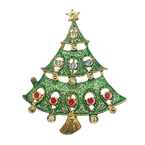 Vintage Gold Green Christmas Tree Brooch Rhinestone Ornaments Star Topper - Picture 7 of 7